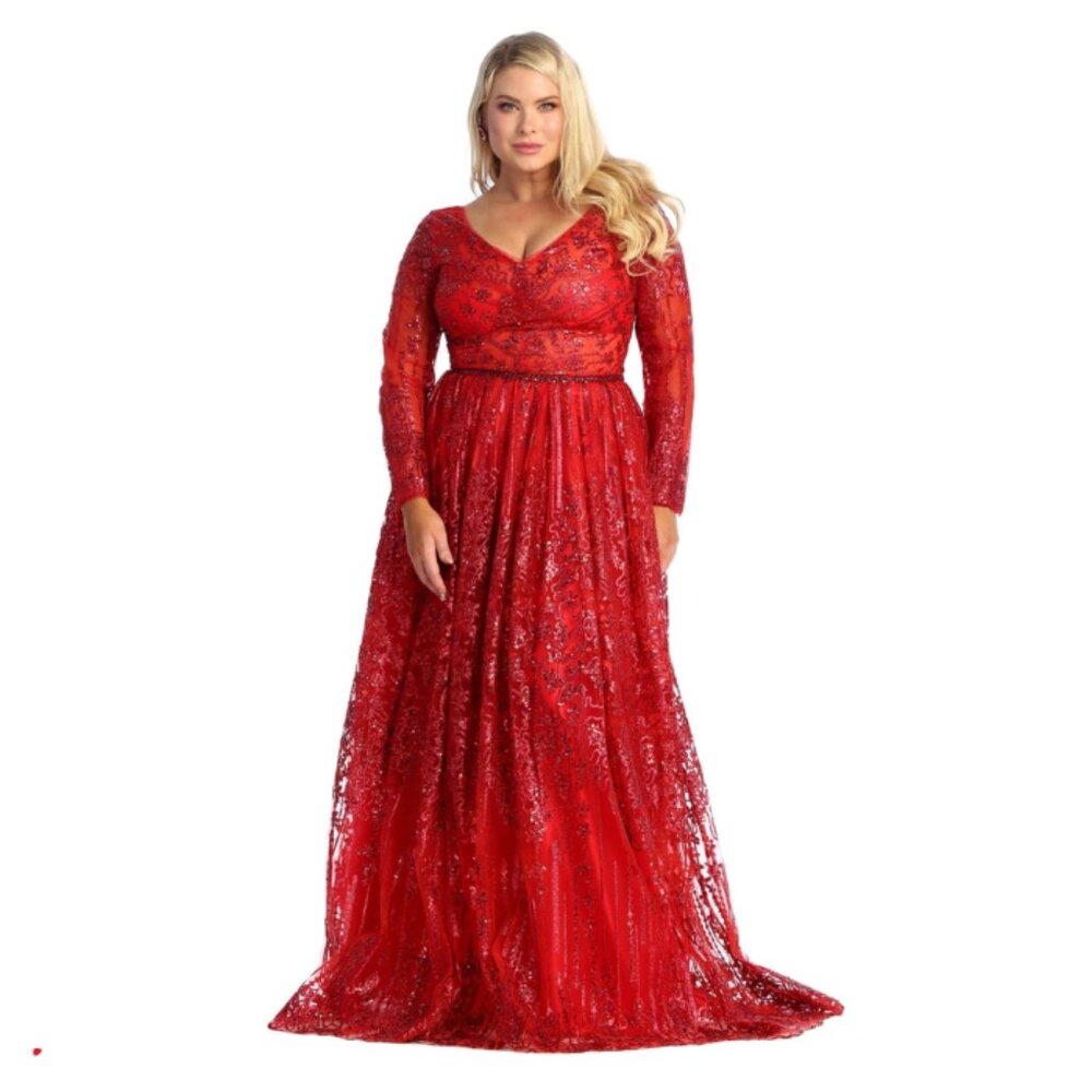 Red Prom Long V-Neck Long Sleeves A-Line Dress By Royal Queen RQ7920